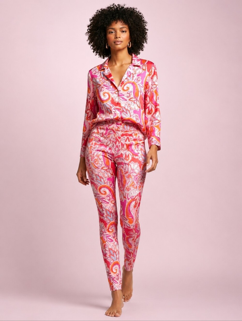 2pc CHICME Pink Orange Paisley BLOUSE & LEGGINGS Set Women's MEDIUM Matching Set